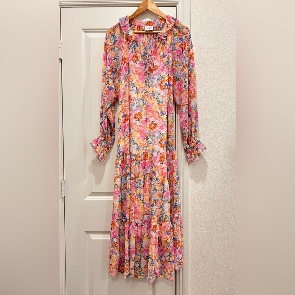 Buddy Love Greta Dress Women Small Pink Blue Long Puffy Sleeve Ruffle Tier C